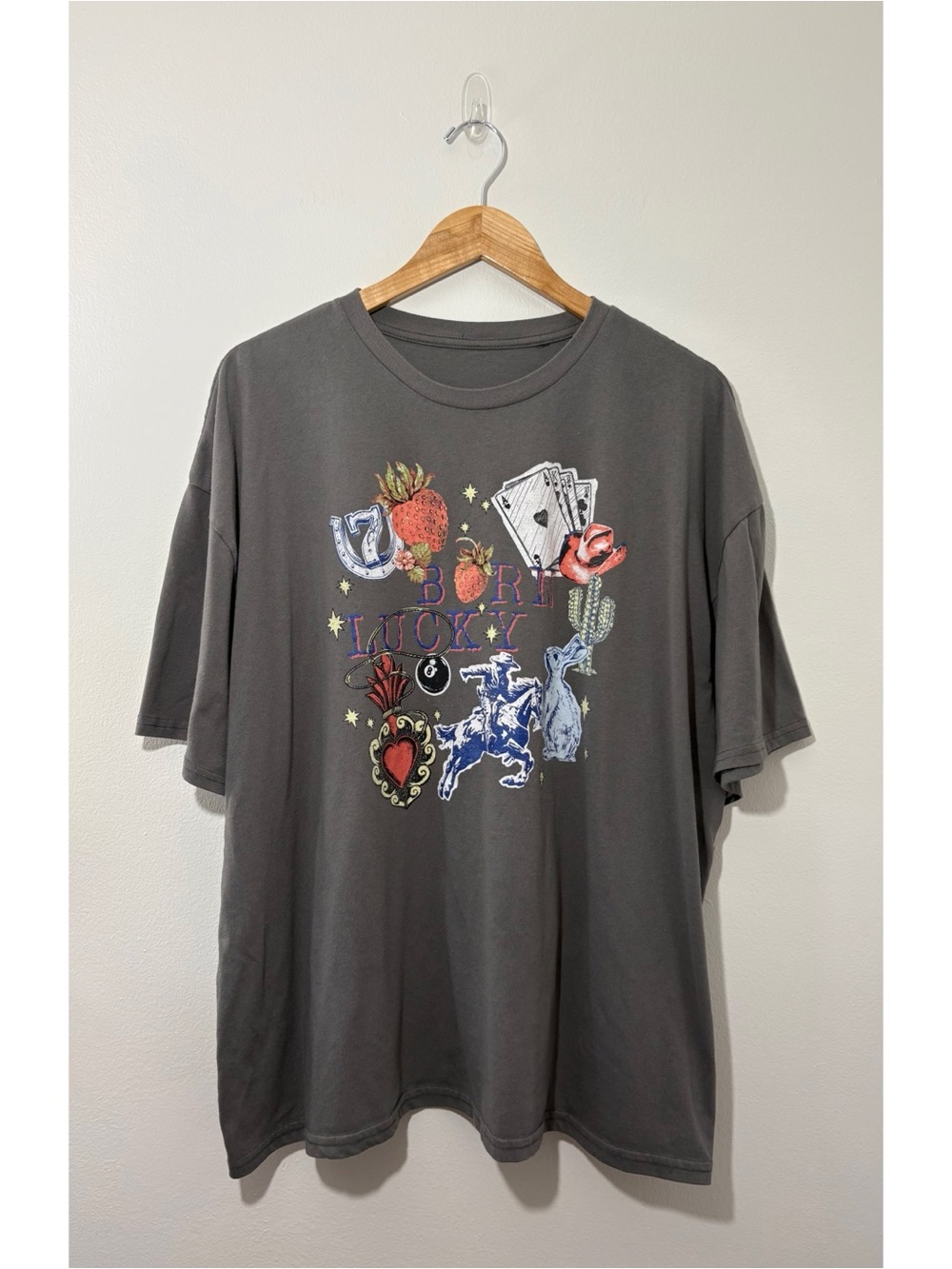 Unbranded “Born Lucky” charcoal graphic print t-shirt (2X)